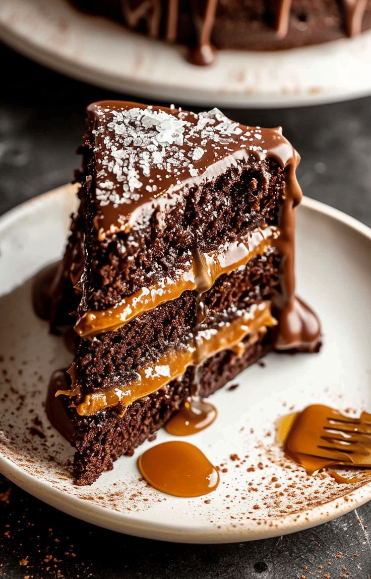 "chocolate cake with 3 layers, salted caramel in between layers"