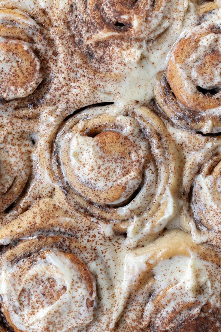 "close up cinnamon rolls topped with frost and cinnamon powder"