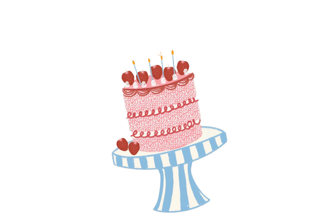 "cartoon of pink cake on blue cake stand"
